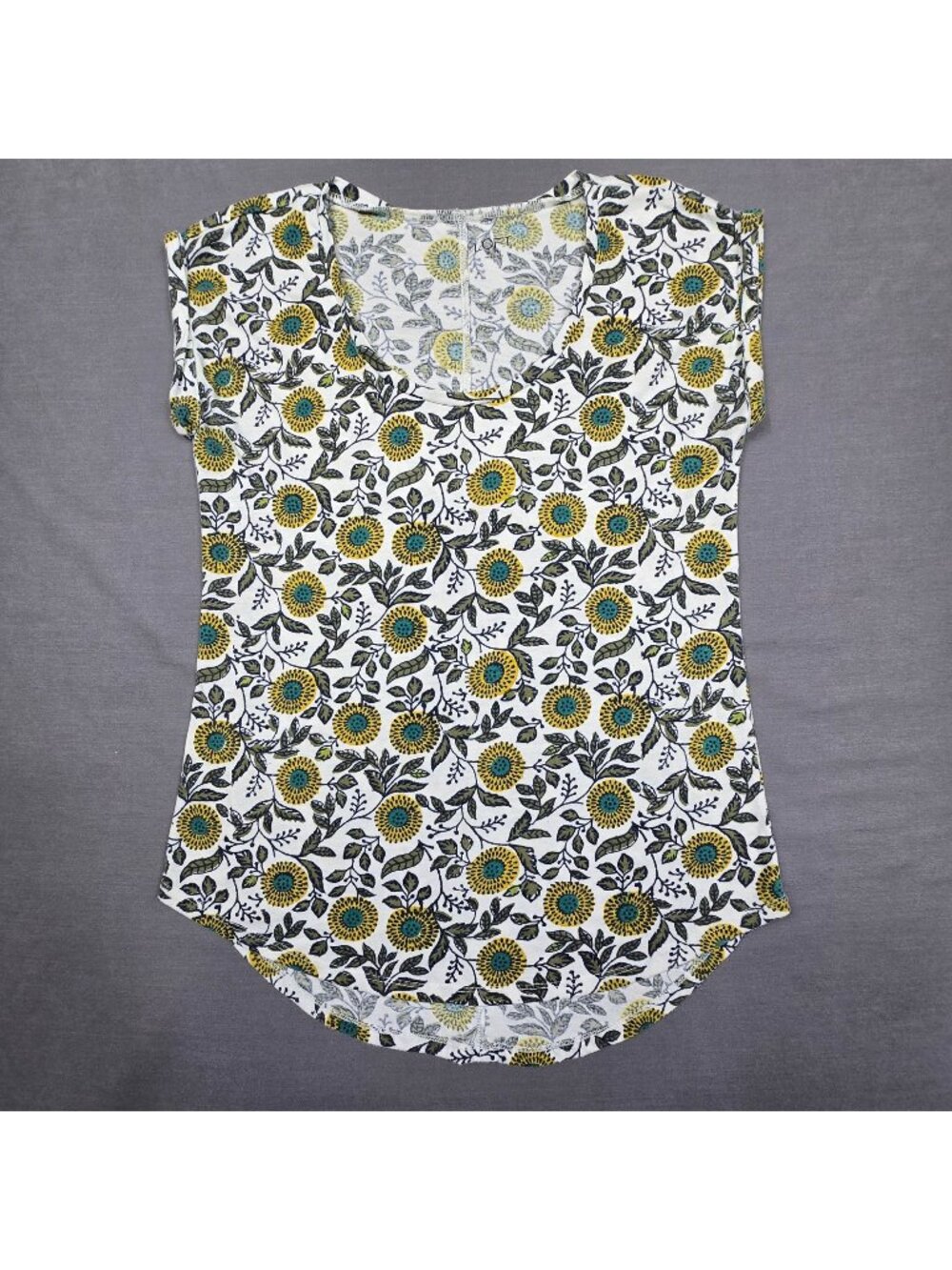 LOFT Floral Short Sleeve Tee Size Small White Yellow & Blue Linen Blend